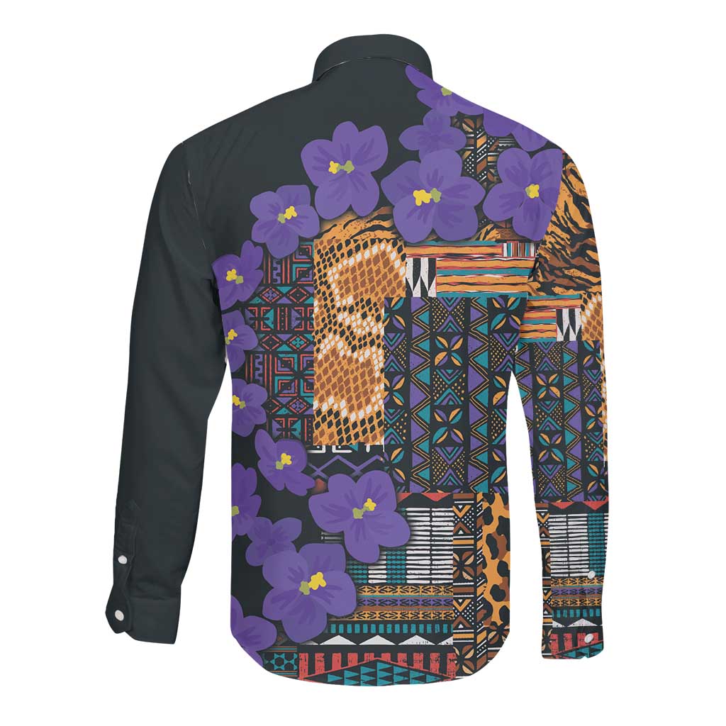 Afro Violets Flowers Long Sleeve Button Shirt Mix Native Tribal Pattern
