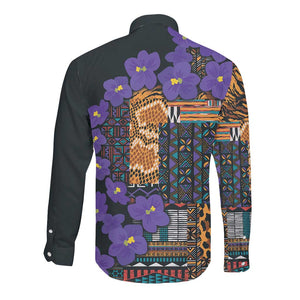 Afro Violets Flowers Long Sleeve Button Shirt Mix Native Tribal Pattern