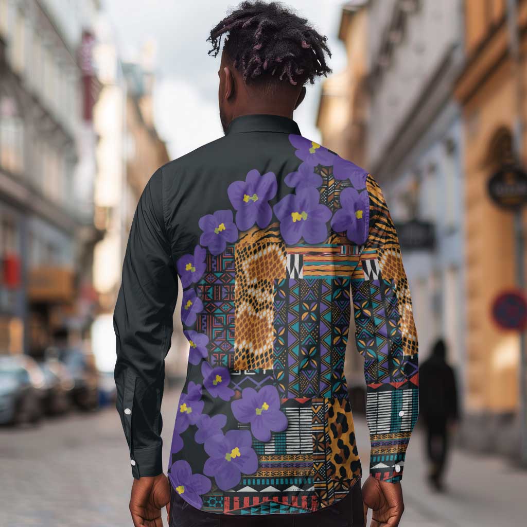 Afro Violets Flowers Long Sleeve Button Shirt Mix Native Tribal Pattern