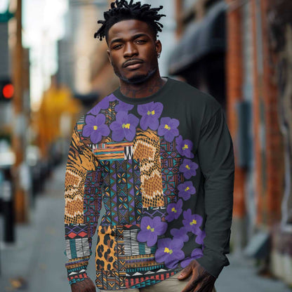 Afro Violets Flowers Long Sleeve Shirt Mix Native Tribal Pattern LT9