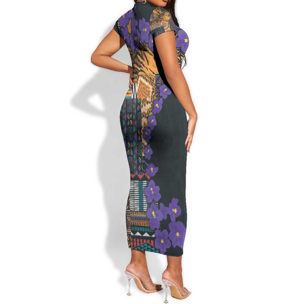 Afro Violets Flowers Short Sleeve Bodycon Dress Mix Native Tribal Pattern LT9