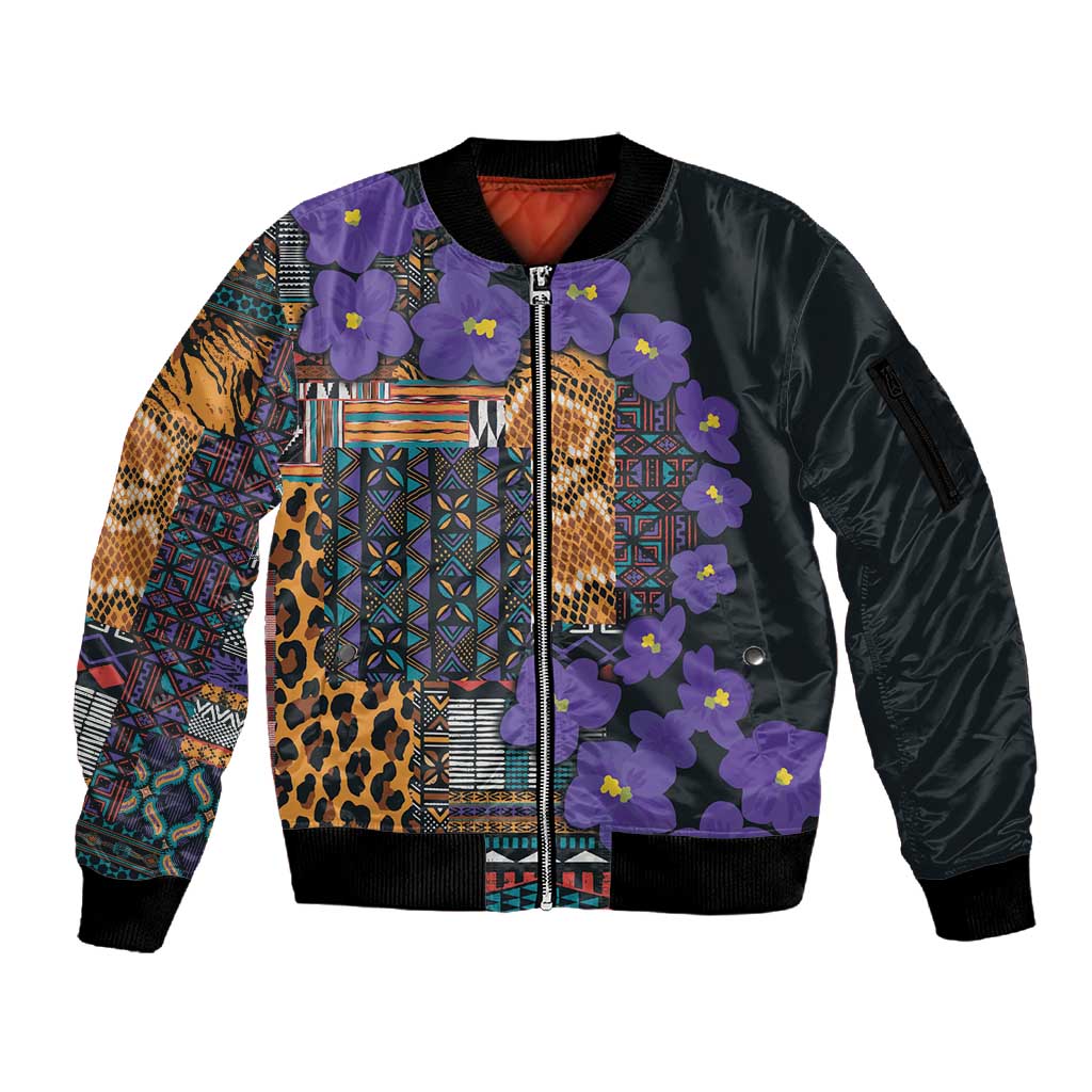 Afro Violets Flowers Sleeve Zip Bomber Jacket Mix Native Tribal Pattern