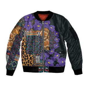 Afro Violets Flowers Sleeve Zip Bomber Jacket Mix Native Tribal Pattern