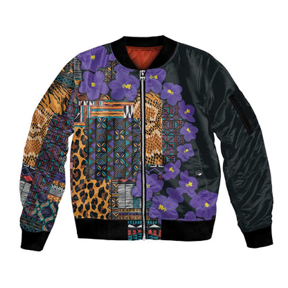 Afro Violets Flowers Sleeve Zip Bomber Jacket Mix Native Tribal Pattern