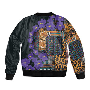 Afro Violets Flowers Sleeve Zip Bomber Jacket Mix Native Tribal Pattern