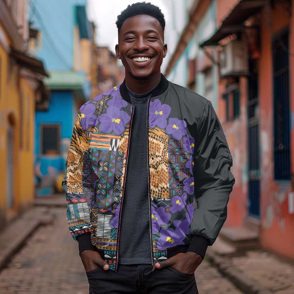 Afro Violets Flowers Sleeve Zip Bomber Jacket Mix Native Tribal Pattern