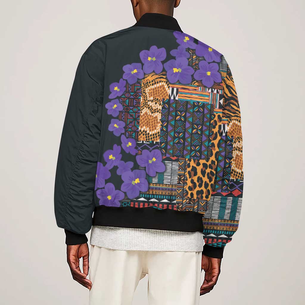 Afro Violets Flowers Sleeve Zip Bomber Jacket Mix Native Tribal Pattern