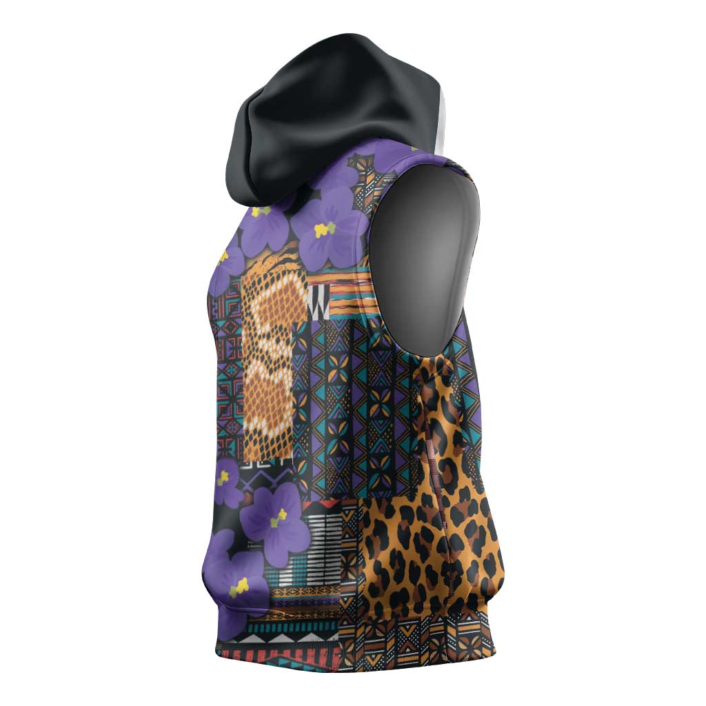 Afro Violets Flowers Sleeveless Hoodie Mix Native Tribal Pattern - African Pride