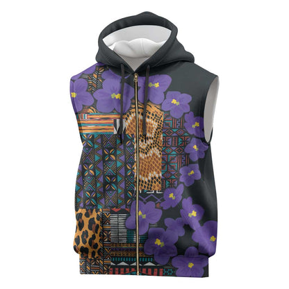 Afro Violets Flowers Sleeveless Zip Hoodie Mix Native Tribal Pattern - African Pride