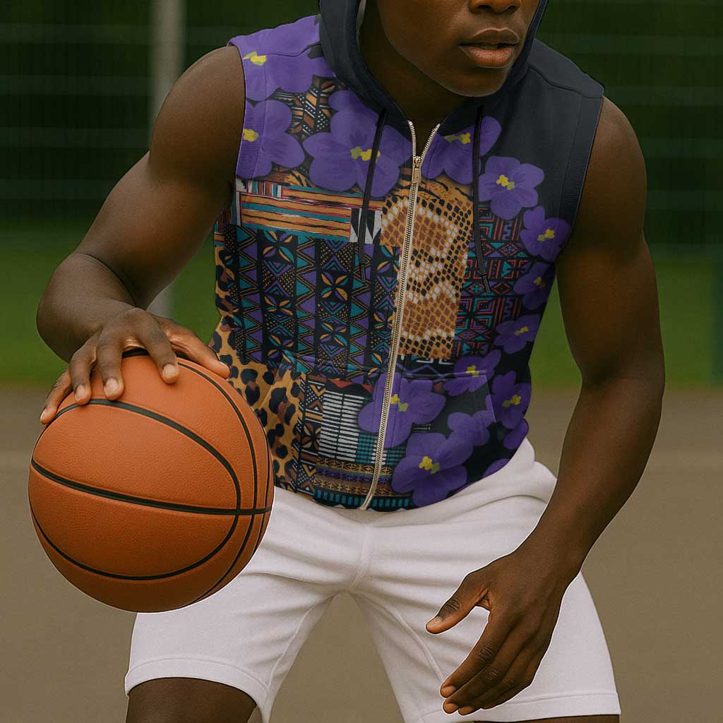 Afro Violets Flowers Sleeveless Zip Hoodie Mix Native Tribal Pattern - African Pride