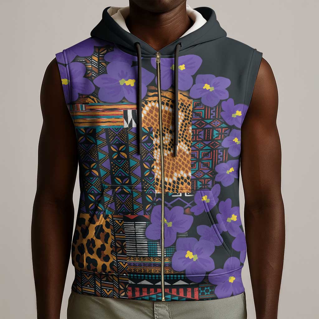 Afro Violets Flowers Sleeveless Zip Hoodie Mix Native Tribal Pattern - African Pride