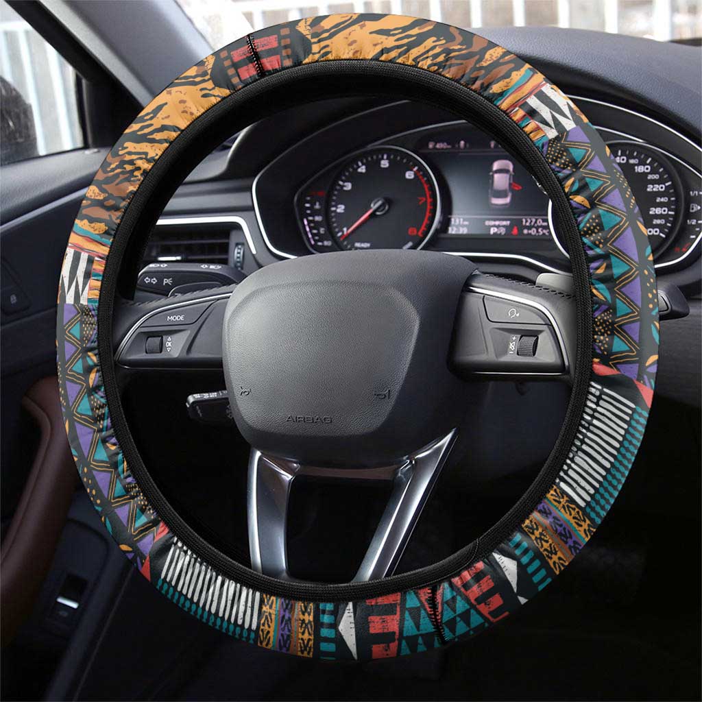 Afro Violets Flowers Steering Wheel Cover Mix Native Tribal Pattern