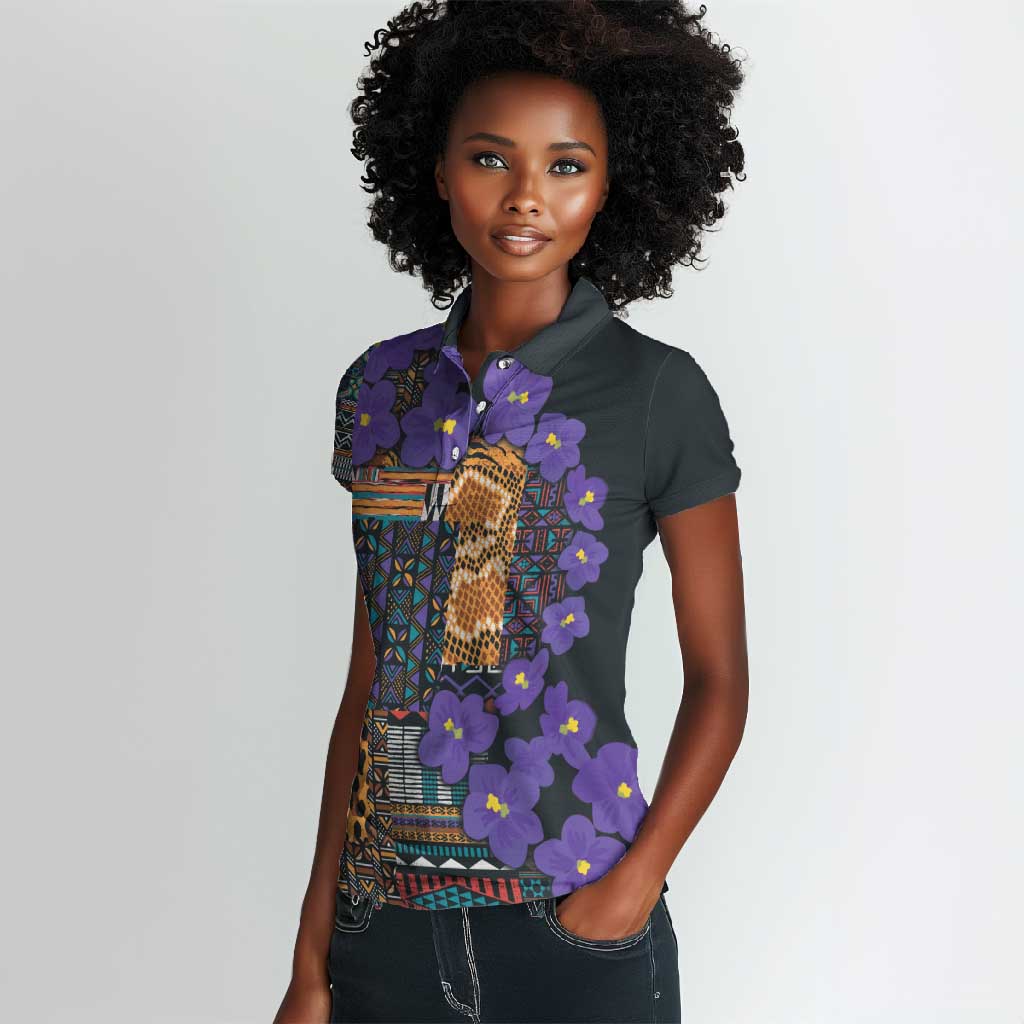 Afro Violets Flowers Women Polo Shirt Mix Native Tribal Pattern