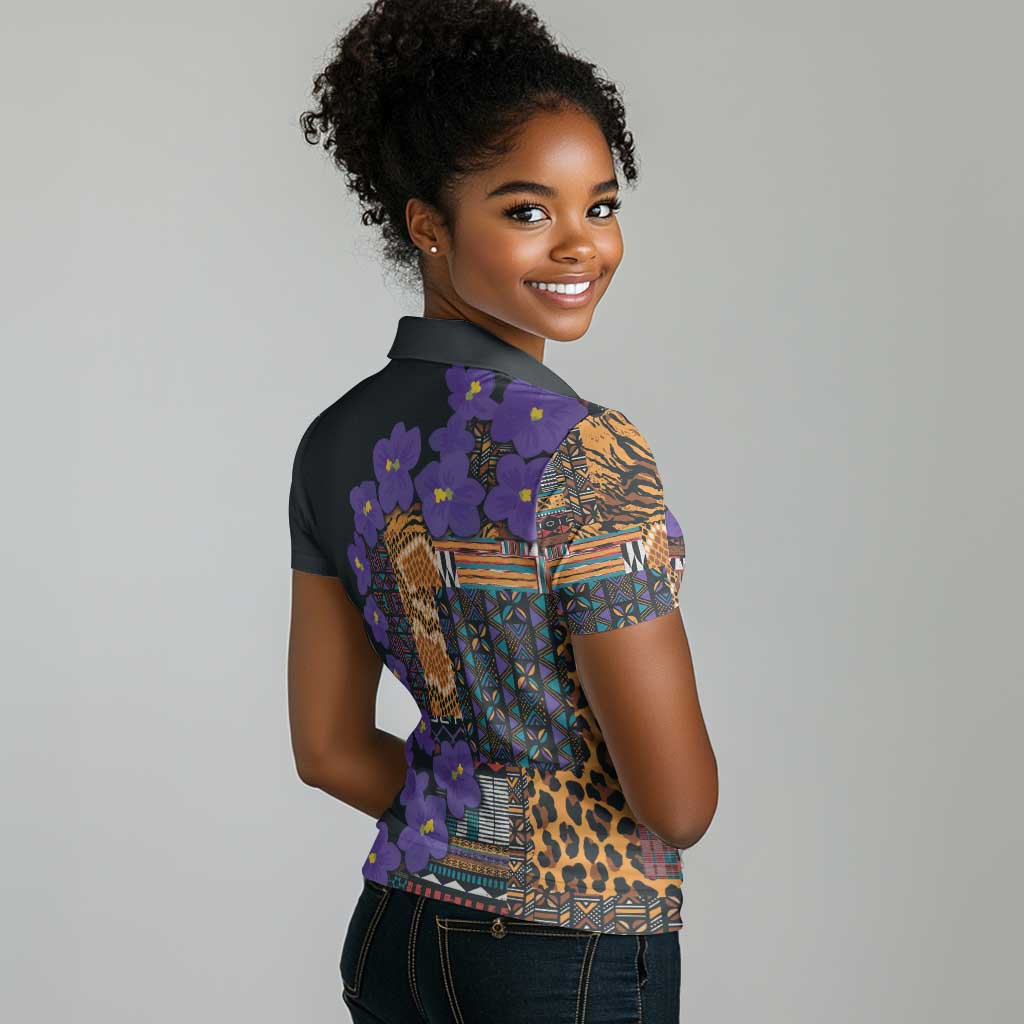 Afro Violets Flowers Women Polo Shirt Mix Native Tribal Pattern