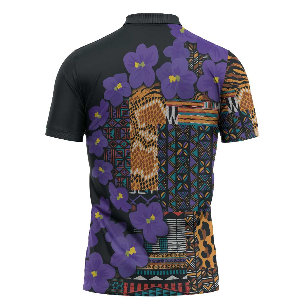 Africa Violets Flowers Zipper Polo Shirt Mix Native Tribal Pattern
