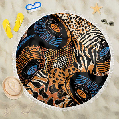 African Ankara Motifs Mixed Animal Skins Beach Blanket