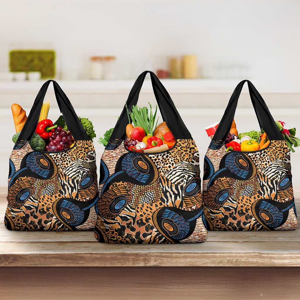 African Ankara Motifs Mixed Animal Skins Grocery Bag