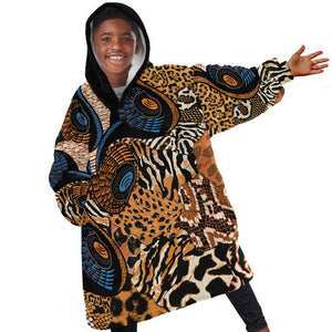 African Ankara Motifs Mixed Animal Skins Kid Wearable Blanket Hoodie