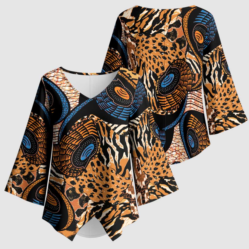African Ankara Motifs Mixed Animal Skins Kimono Sleeve Blouse