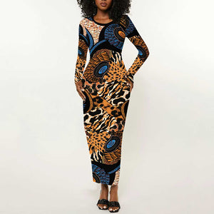 African Ankara Motifs Mixed Animal Skins Long Sleeve Bodycon Dress LT9
