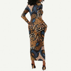 African Ankara Motifs Mixed Animal Skins Long Sleeve Bodycon Dress LT9