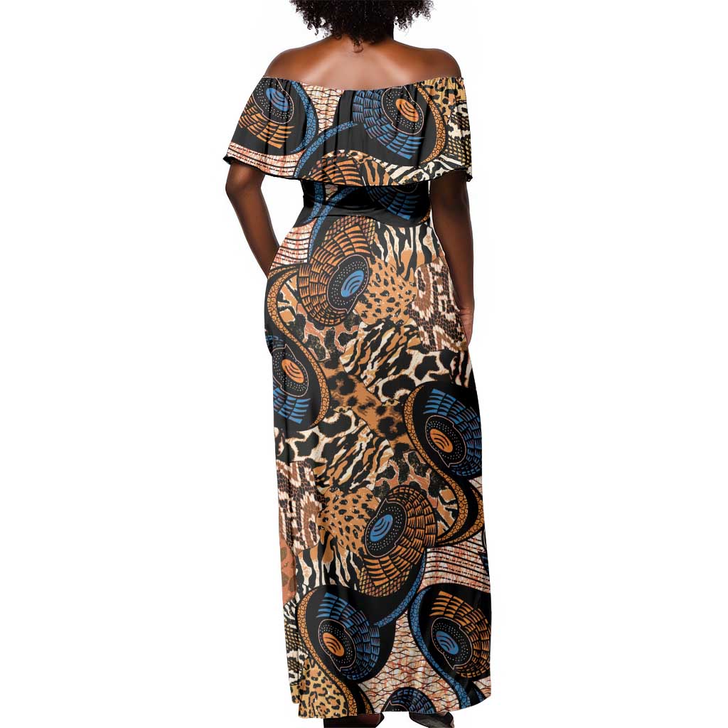 African Ankara Motifs Mixed Animal Skins Off Shoulder Maxi Dress