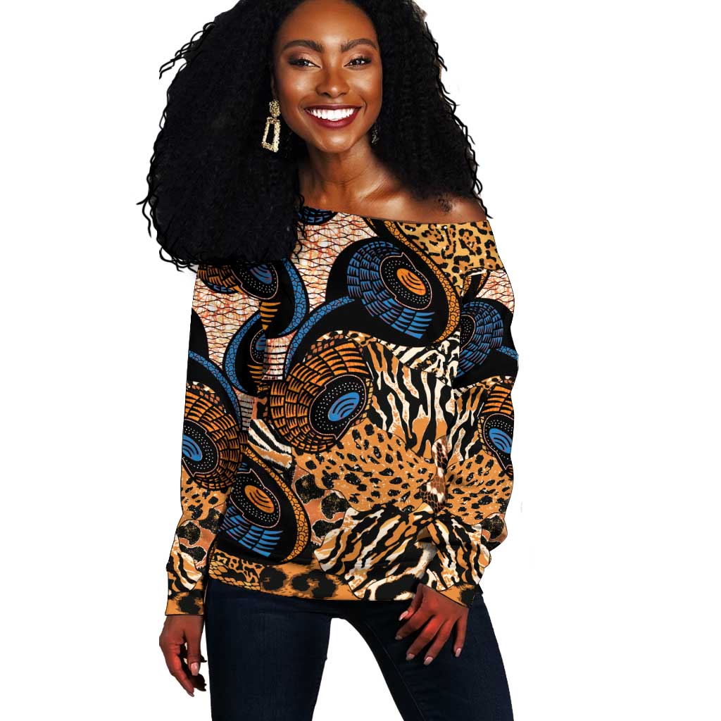 African Ankara Motifs Mixed Animal Skins Off Shoulder Sweater
