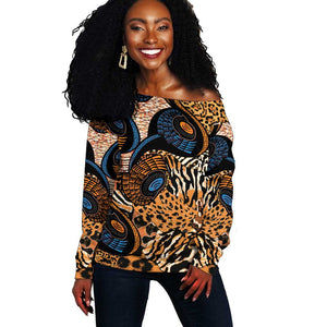 African Ankara Motifs Mixed Animal Skins Off Shoulder Sweater