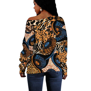 African Ankara Motifs Mixed Animal Skins Off Shoulder Sweater