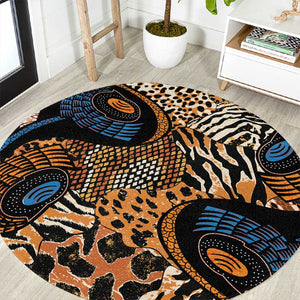 African Ankara Motifs Mixed Animal Skins Round Carpet
