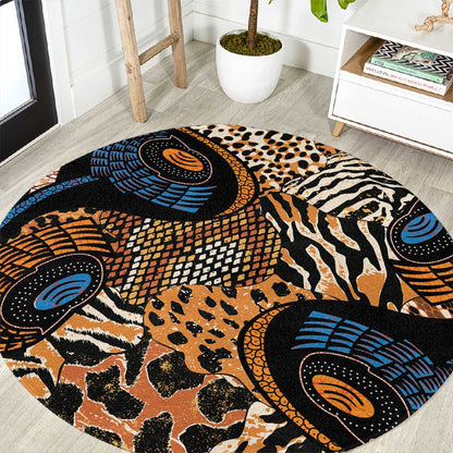 African Ankara Motifs Mixed Animal Skins Round Carpet