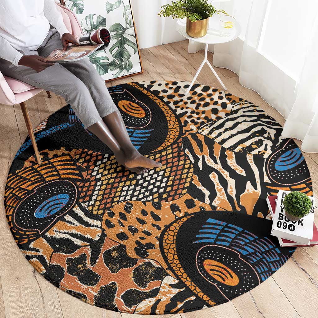 African Ankara Motifs Mixed Animal Skins Round Carpet