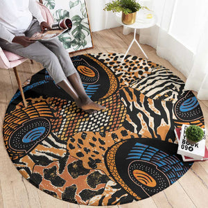 African Ankara Motifs Mixed Animal Skins Round Carpet