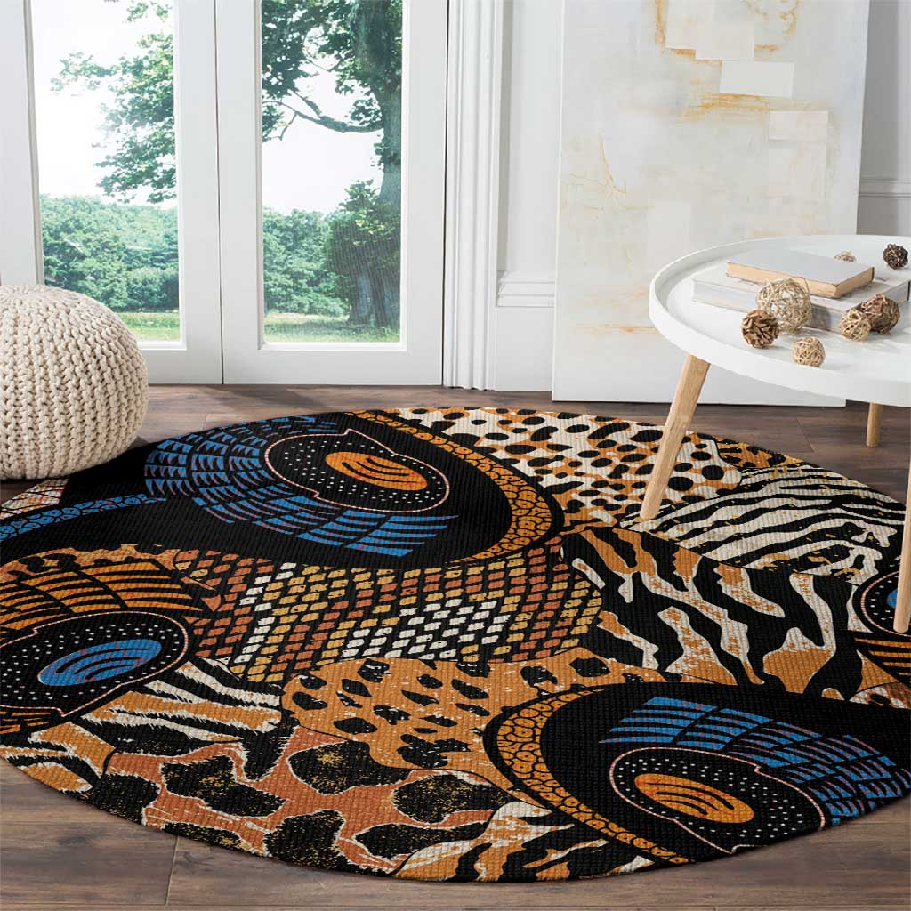 African Ankara Motifs Mixed Animal Skins Round Carpet