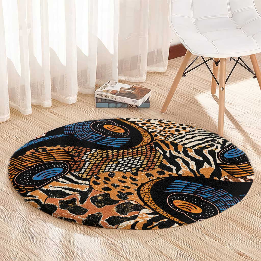 African Ankara Motifs Mixed Animal Skins Round Carpet