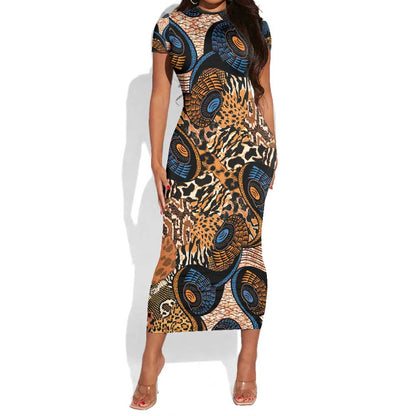 African Ankara Motifs Mixed Animal Skins Short Sleeve Bodycon Dress LT9
