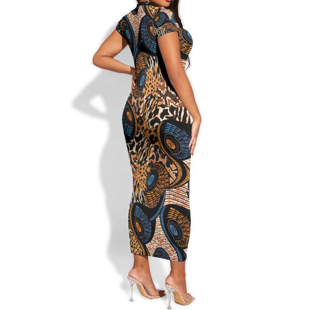 African Ankara Motifs Mixed Animal Skins Short Sleeve Bodycon Dress LT9