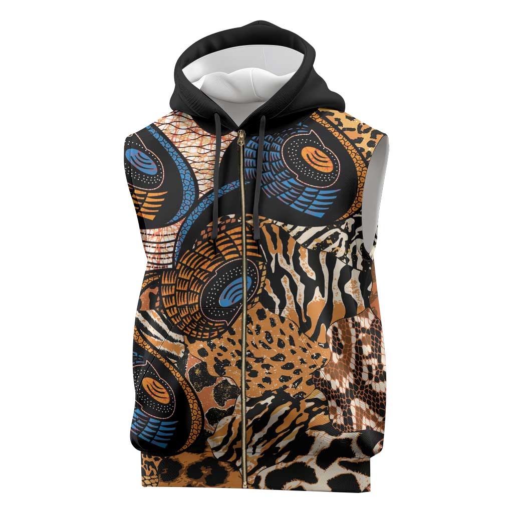 African Ankara Motifs Mixed Animal Skins Sleeveless Zip Hoodie - African Pride
