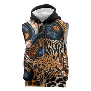 African Ankara Motifs Mixed Animal Skins Sleeveless Zip Hoodie - African Pride