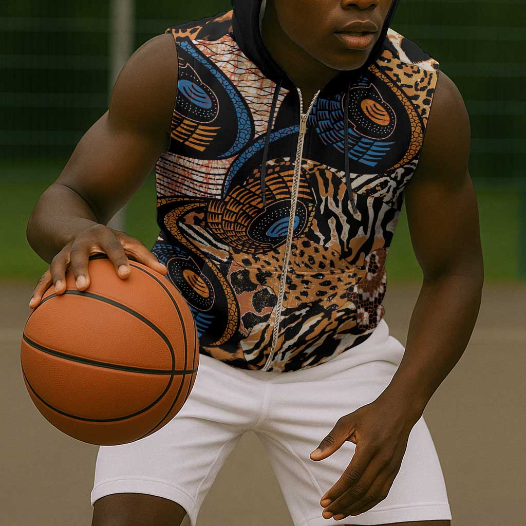 African Ankara Motifs Mixed Animal Skins Sleeveless Zip Hoodie - African Pride