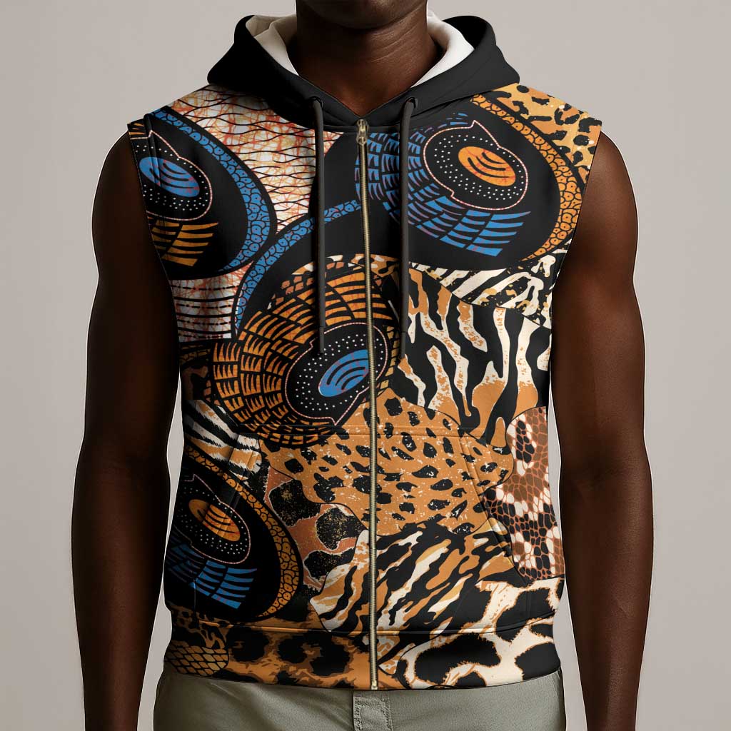 African Ankara Motifs Mixed Animal Skins Sleeveless Zip Hoodie - African Pride