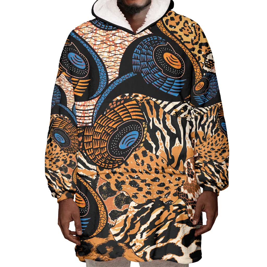 African Ankara Motifs Mixed Animal Skins Wearable Blanket Hoodie