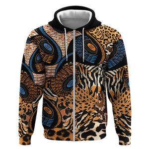 African Ankara Motifs Mixed Animal Skins Zip Hoodie