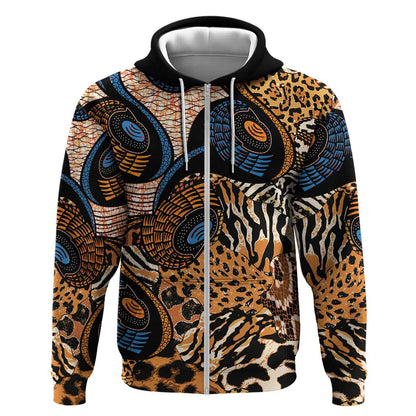 African Ankara Motifs Mixed Animal Skins Zip Hoodie