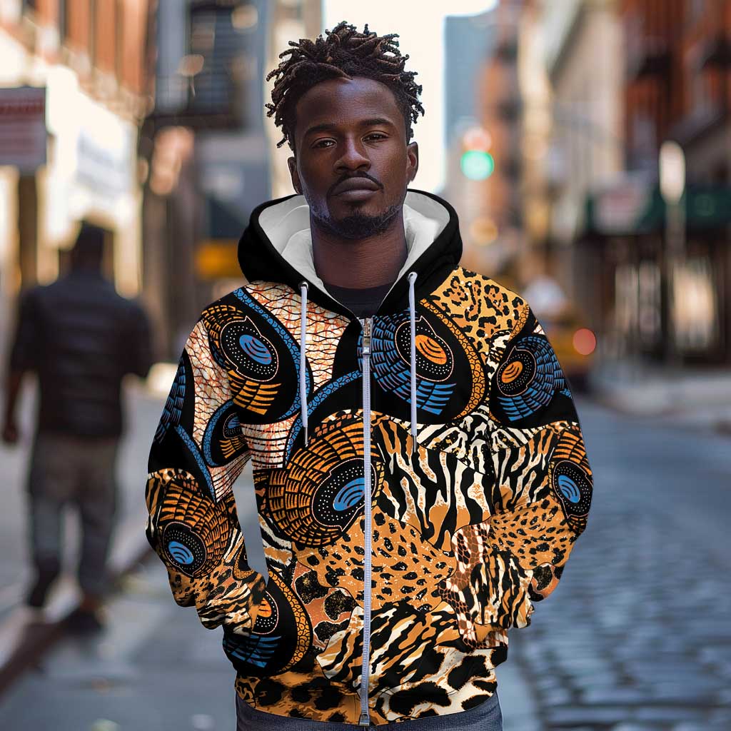 African Ankara Motifs Mixed Animal Skins Zip Hoodie