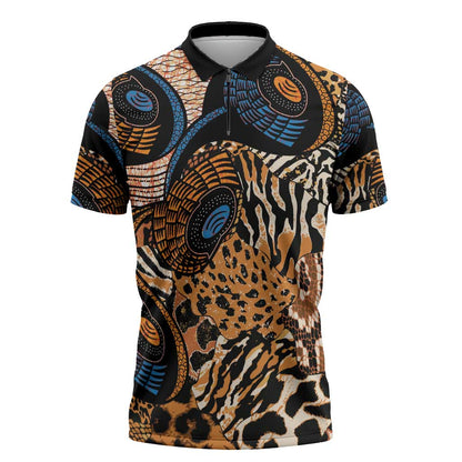 African Ankara Motifs Mixed Animal Skins Zipper Polo Shirt