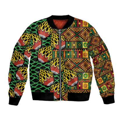 African Tribal Geometric Mixed Kanga Pattern Bomber Jacket