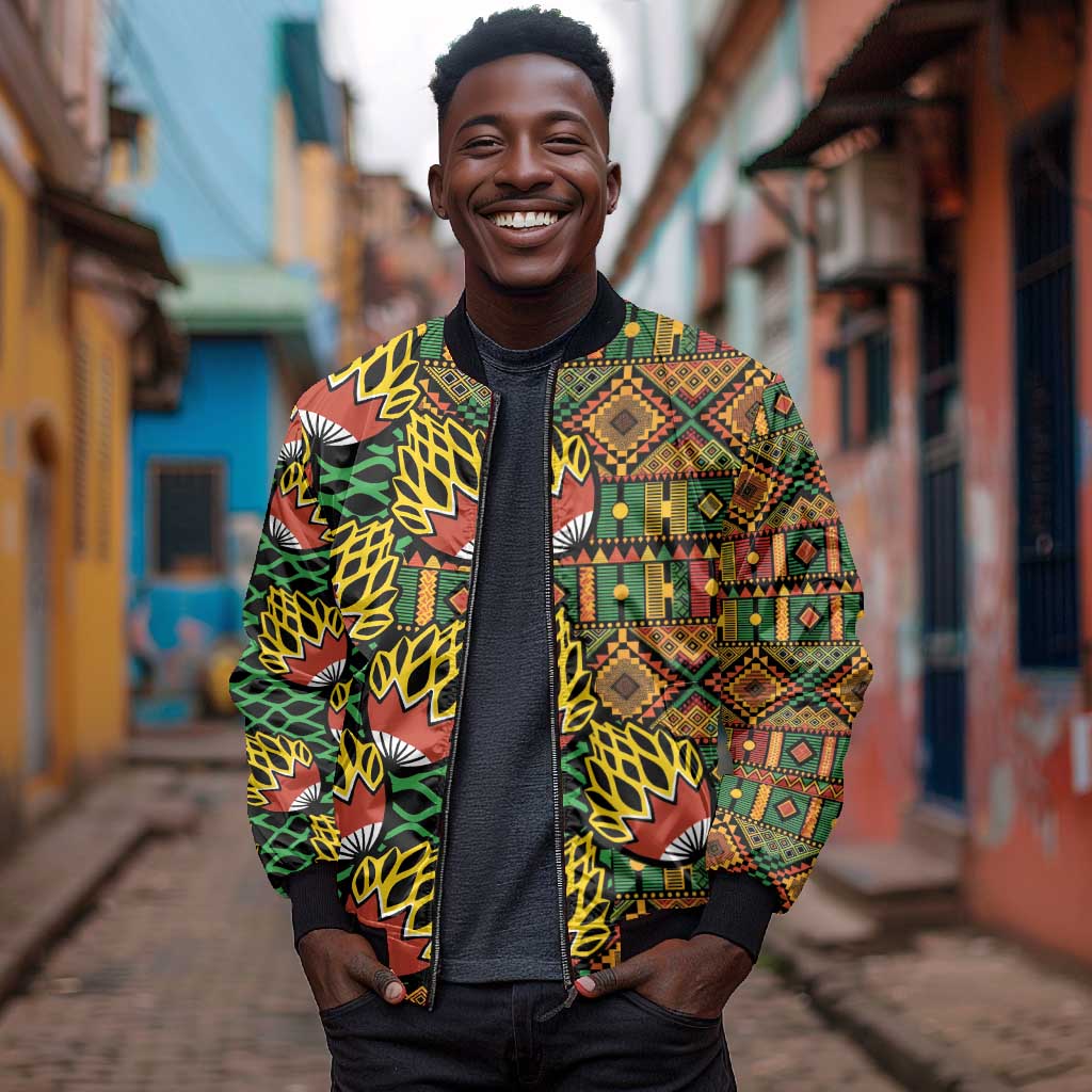 African Tribal Geometric Mixed Kanga Pattern Bomber Jacket