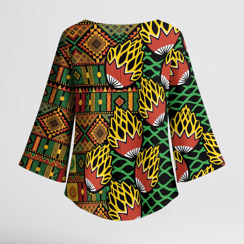 African Tribal Geometric Mixed Kanga Pattern Kimono Sleeve Blouse