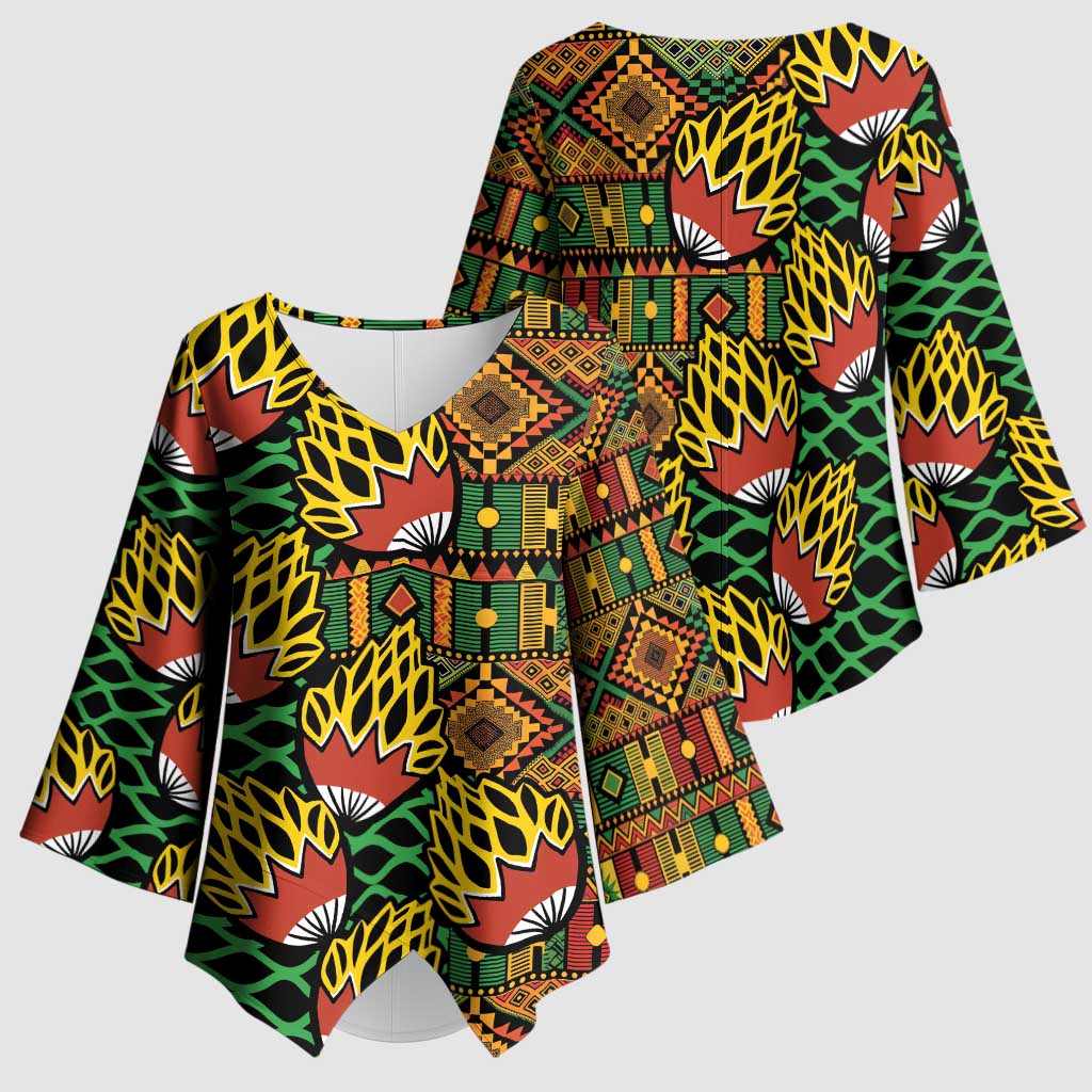 African Tribal Geometric Mixed Kanga Pattern Kimono Sleeve Blouse